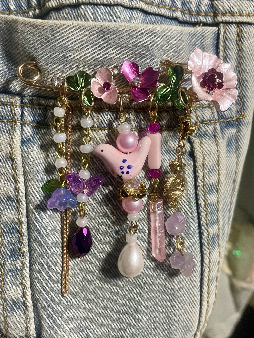 Hand Crafted Pink and Purple Floral Charm Brooch - Picture 3 of 6